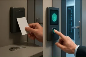 Traditional RFID card access control vs biometric fingerprint access control system for workplace security.