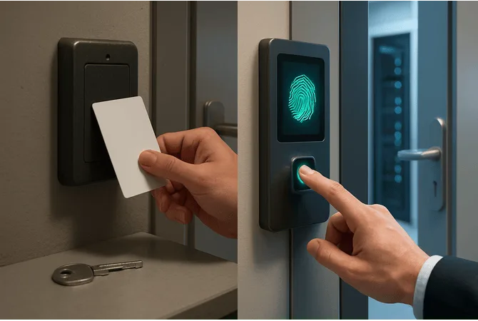 Traditional RFID card access control vs biometric fingerprint access control system for workplace security.